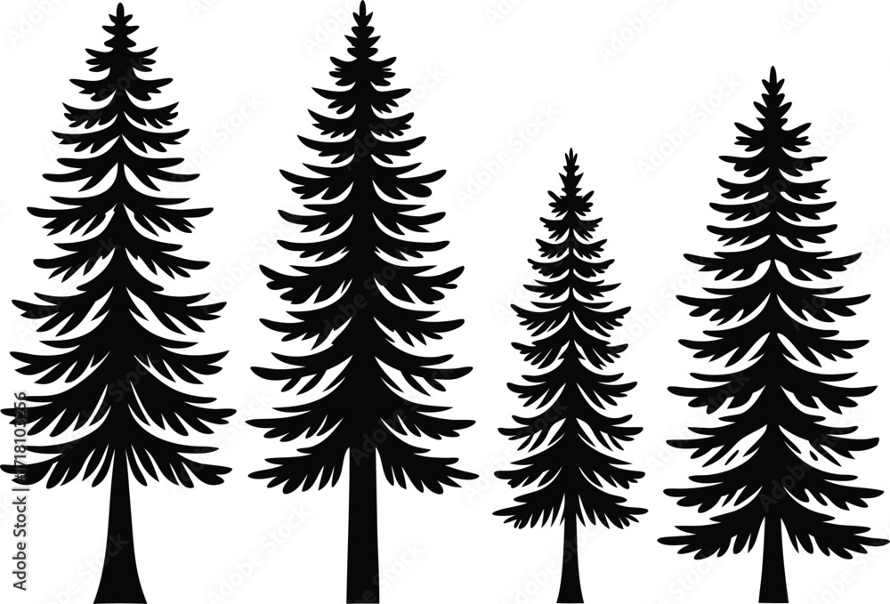 Obraz premium Snowy Trees Illustration Set. Winter Forest Snowy Trees Clipart. Frosty Tree Silhouette Design. Snow Covered Tree Illustration Set. Winter Tree Landscape Clipart. Minimalist Snowy Tree Collection