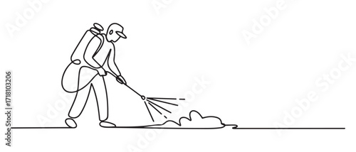 continuous line of pest control. one line drawing of pest controller spraying disinfectant. one line Icon drawing with white background