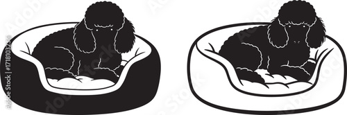 Two contrasting silhouettes of a dog sitting comfortably in a round pet bed silhouette