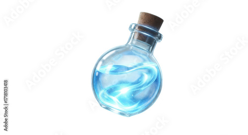 Mysterious glowing blue potion in a glass bottle