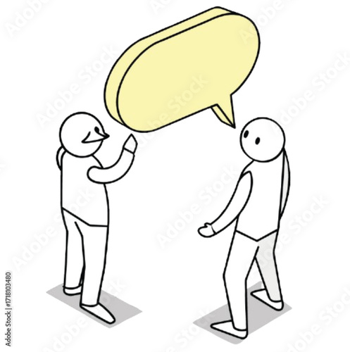Young adults having a conversation represented by large speech bubble.