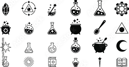 Alchemy and magic symbols set alchemy, magic, potion, cauldron, crystal, flask