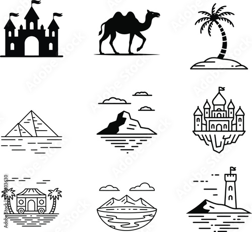 Travel and landmark icons set travel, landmark, castle, camel, palm tree
