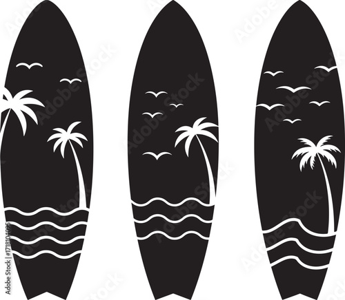 Three black surfboard silhouettes with tropical beach scene and palm trees silhouette