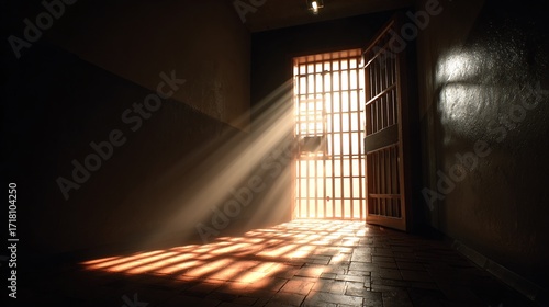 Light pierces through the barred gate, casting dramatic shadows. A symbol of confinement and the hope of freedom.