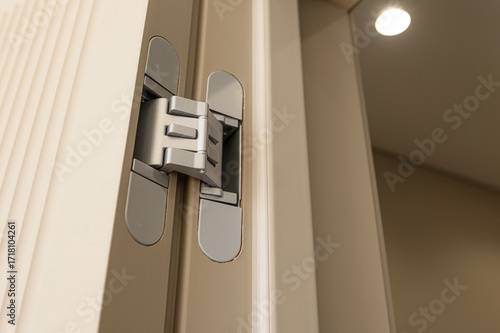 A close-up of a modern door hinge, showcasing its sleek, concealed design within a light-colored wooden door. A bright ceiling light is visible in the background