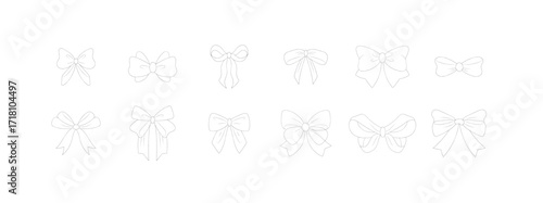 Coquette bow outline drawings set, vector illustration isolated on white, cute doodle ribbon, hand drawn scribble bow element.  vector illustration.
