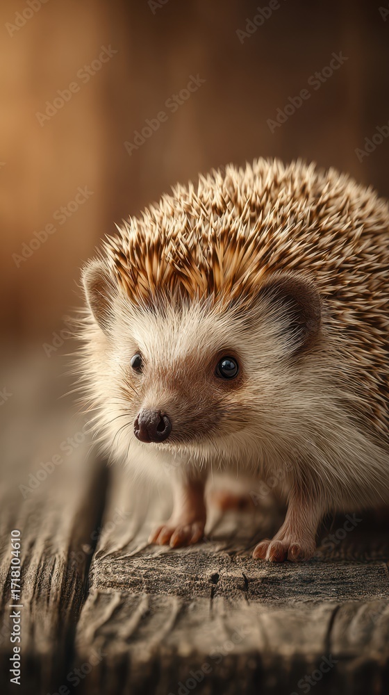 Fototapeta premium Hedgehog exploring on a wooden surface in soft natural light during a tranquil afternoon