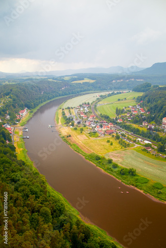 Landscape View of the hiking village of Rathen in Saxon Switzerland from the viewpoint called Bastei