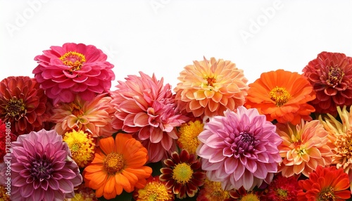A Border Of Zinnias And Dahlias In Warm Hues Cut Out