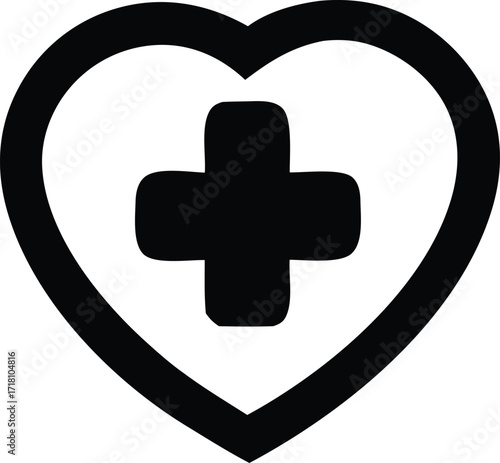 Black heart with medical cross symbol icon clean silhouette symbolizing health care love charity and support