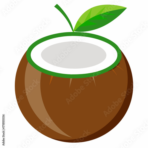Fresh coconut illustration with leaf, perfect for summer drinks, healthy recipes, and tropical themes, originally a scalable graphic for versatile creative projects
