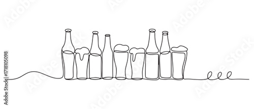 vector continuous line drawing of beer.line vector illustration of beer bottles and glasses.single line. one line Icon drawing with white background