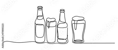 vector continuous line drawing of beer.line vector illustration of beer bottles and glasses.single line. one line Icon drawing with white background