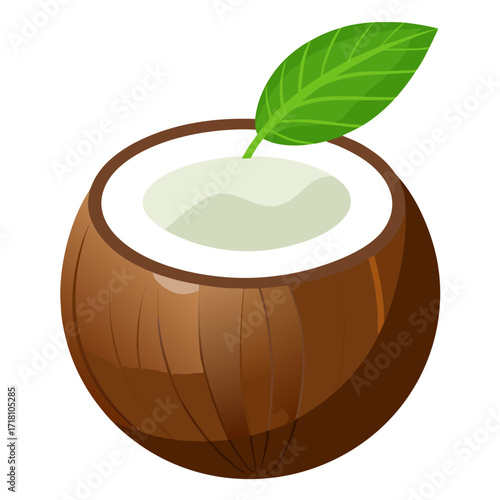 Freshly cut open coconut with creamy white flesh and vibrant green leaf, perfect for tropical recipes or healthy lifestyle content, ideal for summer vibes and exotic fruit themes