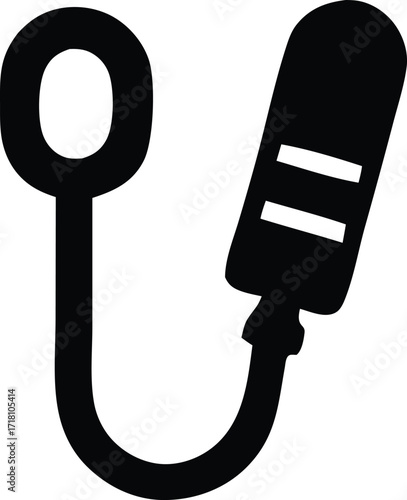 Simple black and white icon representing a microphone with a cord and a loop for attachment or sound wave visualization
