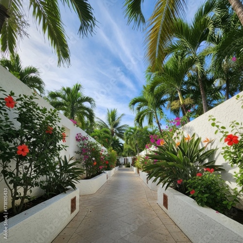 Beautiful Tropical Pathway Lined With Exotic Flowers and Lush Green Palm Trees