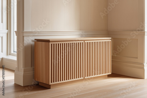 Wallpaper Mural Modern wooden sideboard with vertical slatted doors positioned in a bright, elegant corner of a home interior Torontodigital.ca