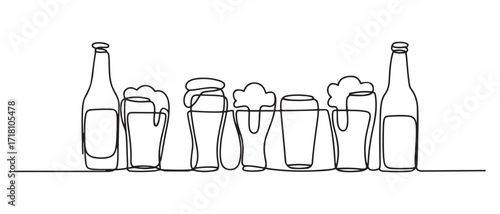 vector continuous line drawing of beer.line vector illustration of beer bottles and glasses.single line. one line Icon drawing with white background