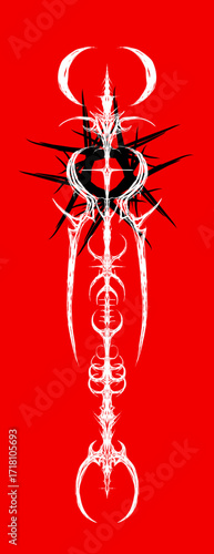 Symmetrical neo tribal sword vector with horns and spikes, bold cyber sigilism style for tattoo, apparel, or poster art