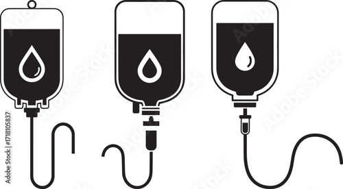 Three medical iv drip bags with blood drop silhouette