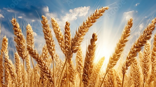 A golden wheat field shines brightly under the sunlight, symbolizing harvest joy and natural beauty.