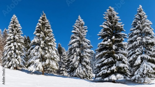 A serene winter wonderland with tall evergreen trees covered in fresh white snow under a vibrant blue sky,