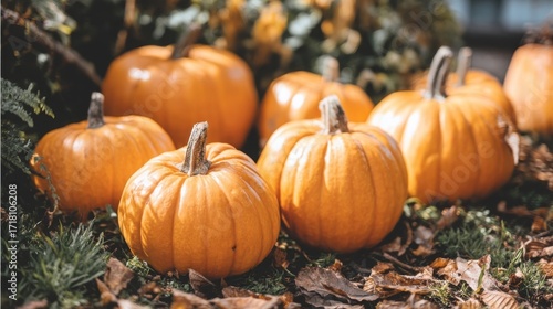 Bright orange pumpkins scattered among fallen brown leaves create a warm autumnal scene with a cozy harvest atmosphere,