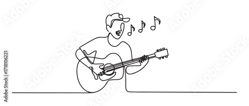 continuous line singing and playing acoustic guitar.single line drawing youtuber,music content creator. one line Icon drawing with white background