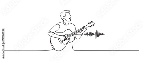 continuous line singing and playing acoustic guitar.single line drawing youtuber,music content creator. one line Icon drawing with white background