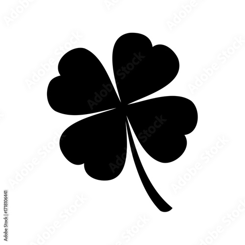 Simple black four-leaf clover vector icon, a symbol of luck and good fortune, isolated on a clean white background, ideal for graphic design, web elements, or holiday themes.