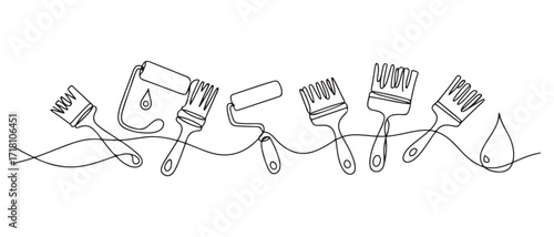 continuous line of brushes and paint rollers.single line drawing of wall coloring equipment.abstract line. one line Icon drawing with white background