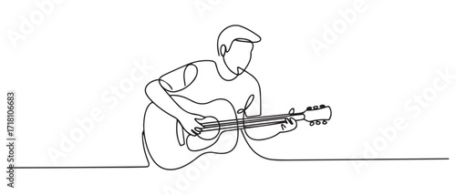 continuous line singing and playing acoustic guitar.single line drawing youtuber,music content creator. one line Icon drawing with white background