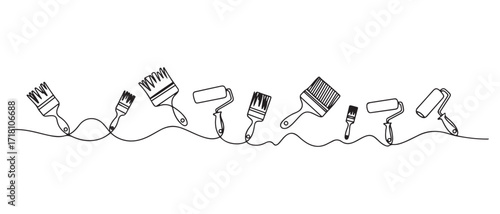continuous line of brushes and paint rollers.single line drawing of wall coloring equipment.abstract line. one line Icon drawing with white background