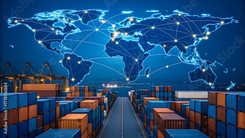 Cargo containers with digital world map network symbolizing global trade and logistics

