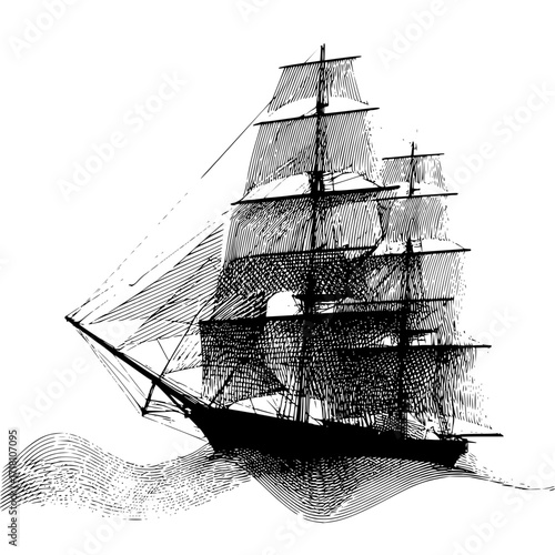 Vintage sailing ship tall ship clipper ship black and white illustration sea ocean voyage nautical vessel drawing