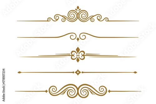 Golden divider collection, elegant ornamental line borders, vintage filigree flourishes, luxury wedding invitations, cards and certificate vector elements.eps