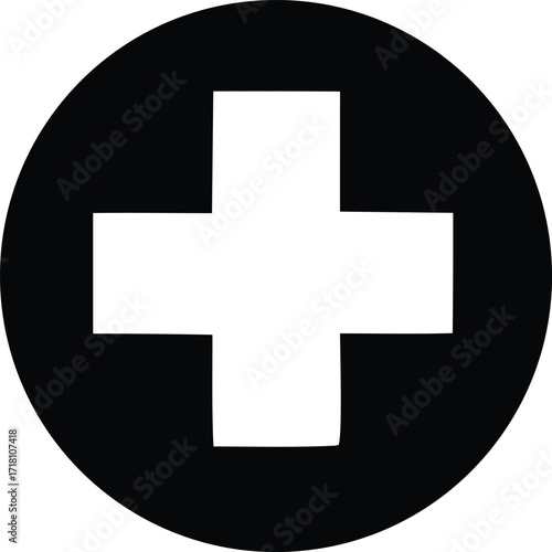 Simple black and white circle with white plus symbol a basic graphic element for medical or healthcare concepts