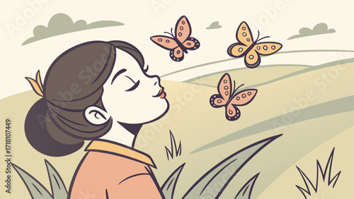 Hand-Painted Girl Surrounded by Butterflies in Pastel Artistic Brush Strokes 
