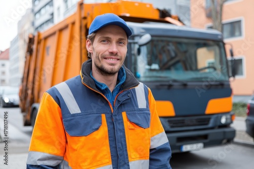 Garbage Truck Driver. Young Man Collecting Recycling Waste in Utility Vehicle