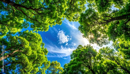 Lush canopy view of vibrant green trees against a bright blue sky