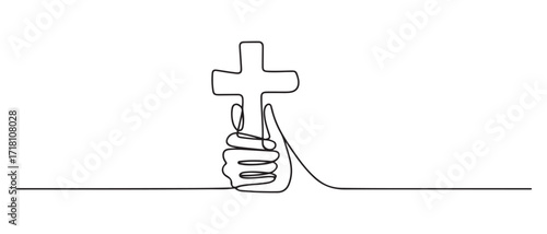 continuous line of hands holding a cross.one line drawing of a hand holding a jesus cross. one line Icon drawing with white background