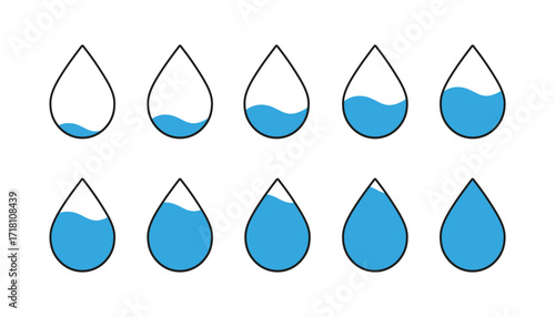 Water drop icon. Humidity levels scale bar. Water level indicator. Measuring chart with water drops and percent. Climate control meter tool isolated