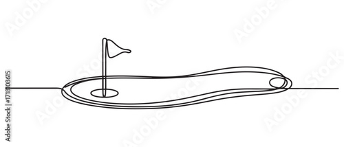 continuous line vector golf course.single line vector golf course, flag and hole. one line Icon drawing with white background