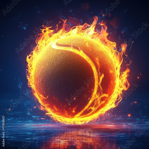 Flaming tennis ball on a glowing background creating a stunning visual effect