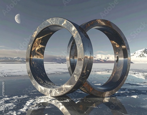 Two rings on frozen lake, mountain backdrop