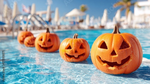 Festive Halloween pumpkins floating in a vibrant blue swimming pool, against a blurred background of resort amenities under a clear blue sky.