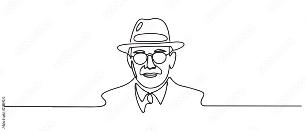 Fototapeta premium continuous line old man portrait. one line vector of a person's face with a hat and glasses. one line Icon drawing with white background