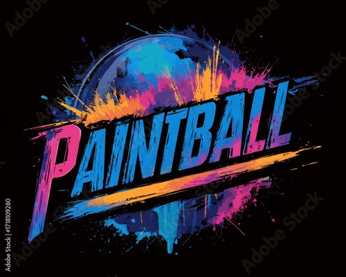 Paintball Splatter. Tournament Emblem Design with Colorful Lettering and Sticker Label