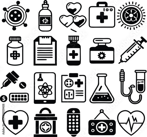 Collection of medical and health icons featuring science symbols pharmacy equipment and emergency care essentials for digital and print projects